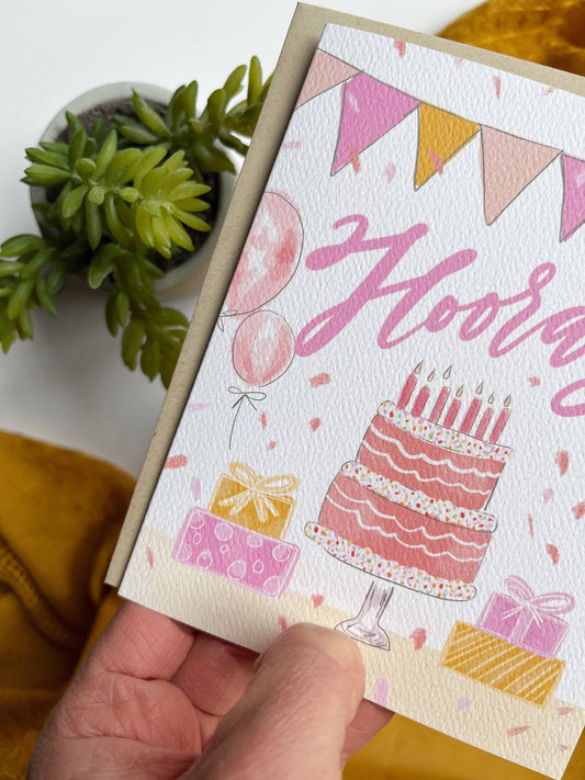 Hooray Birthday Card - Birthday Cake, Celebration, Candles