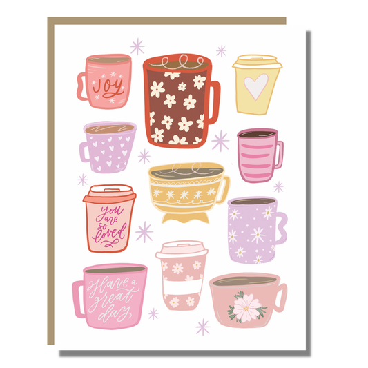 Happy Mugs Card - Coffee Cup, Floral Watercolor Coffee Lover